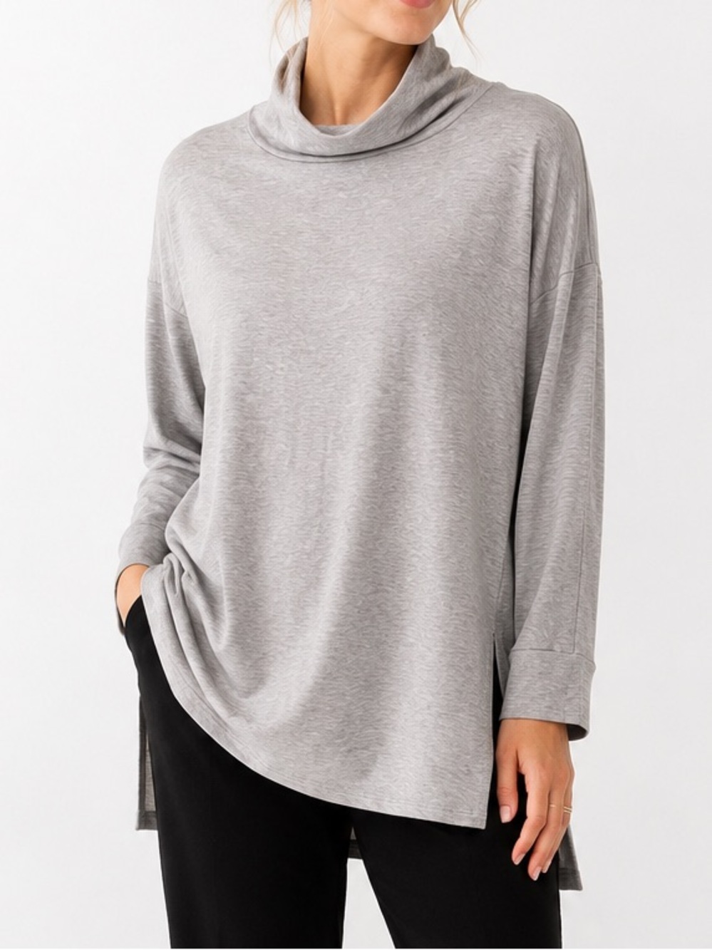 EILEEN FISHER Petite Cowl Neck Tunic Top PS Gray Tencel